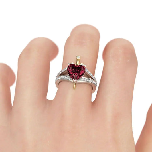 Creative Heart-Shaped Ruby Crown Princess Ring in 925 Silver